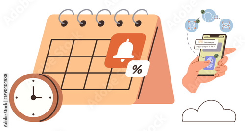 Calendar with bell reminder, clock for time tracking, hand using a smartphone for messages and notifications, and a cloud element. Ideal for organization, planning, time management, reminders