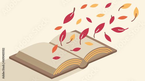 Open book with autumn leaves floating above in a minimalist design  