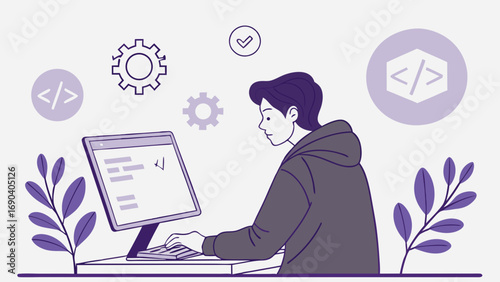 Person coding on computer software development programming concept illustration.