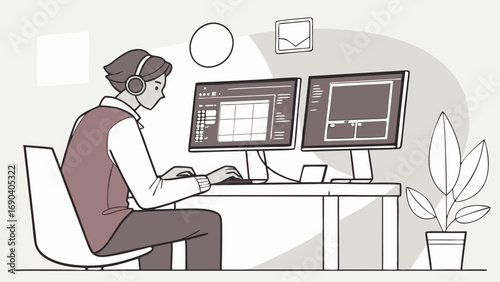Person working on dual monitors at desk with headphones minimalist illustration.