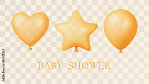 3d Yellow Balloon Birthday Party Vector Baby Shower Background Realistic Happy Helium Star Heart Love Baloon Card Set