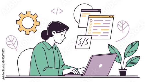 Person working on laptop coding programming software development web design technology illustration flat design modern style digital illustration freelance work remote work home office online busines.