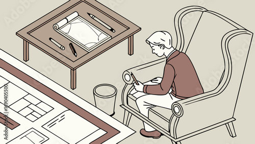 Person sketching in armchair isometric illustration design drawing creativity work from home.