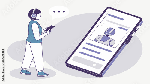 Person using a smartphone to communicate with a robot chatbot virtual assistant concept illustration.