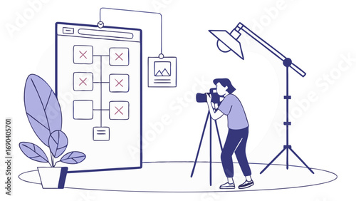 Photographer taking photos in a studio with a website mockup on the screen.