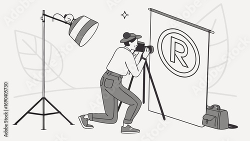 Photographer taking pictures in studio professional photography photo shoot setup camera equipment tripod lighting backdrop copyright symbol.