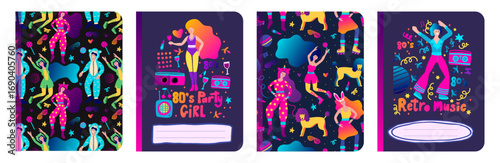 Retro Music Party Notebook Copybook Cover Dancing CharacterBackground Set Diary Vector