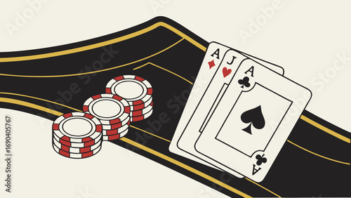Playing cards and poker chips on a casino table illustration.