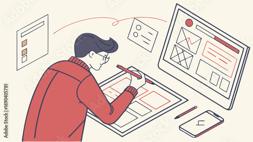 Person working on design project UX UI design website mockup user interface flat lay illustration graphic design modern workspace creative process digital art computer screen planning sketching drawi.