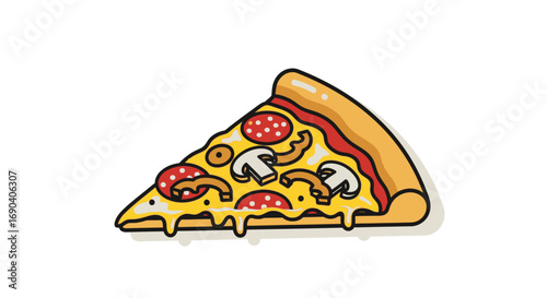 Cartoon illustration of a pizza slice with pepperoni, mushrooms, and melting cheese on a white background.