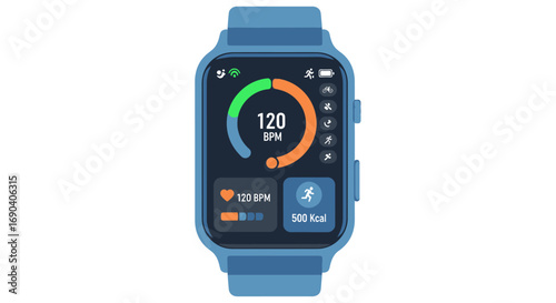 A blue smartwatch displays health data including heart rate, calories burned, and activity tracking icons on a dark screen.