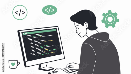 Programmer coding at computer software development web design coding illustration.