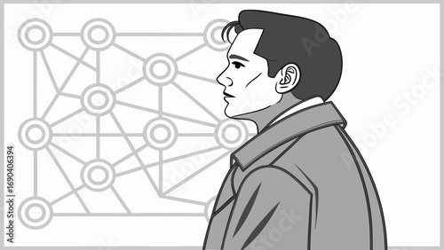 Profile illustration of a person against an abstract network background.