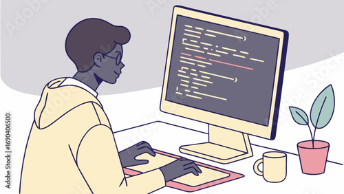 Programmer coding on computer software development IT professional at work desk setup modern workspace clean design minimalist style technology illustration digital art flat design code lines screen .