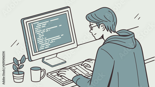 Programmer coding on desktop computer software developer working at desk modern workspace illustration digital technology concept.