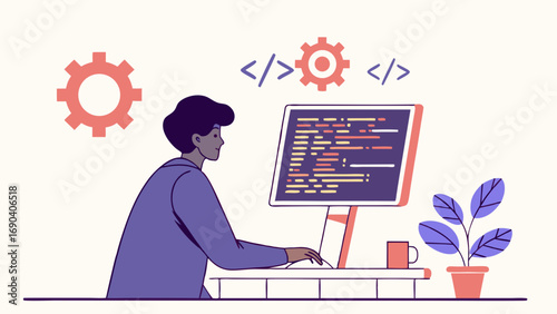 Programmer coding on computer software development web design IT professional technology illustration digital workplace flat design coding language computer screen code programming software engineer .