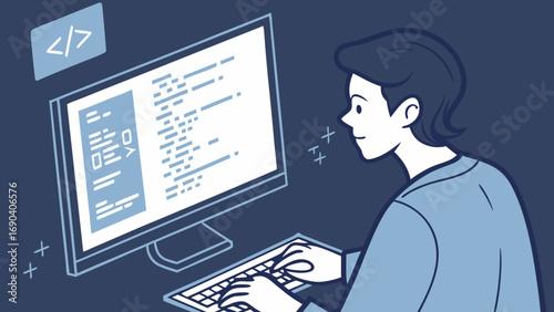 Programmer coding on computer software development web development digital illustration.