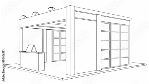 Promotional booth design trade show kiosk exhibition stand blueprint 3D model event marketing display architecture sketch business presentation template vector illustration modern structure interior .