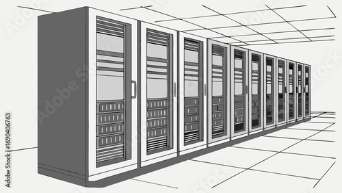 Rack Servers in a Data Center Technology Illustration Network Infrastructure Grey Scale Drawing.
