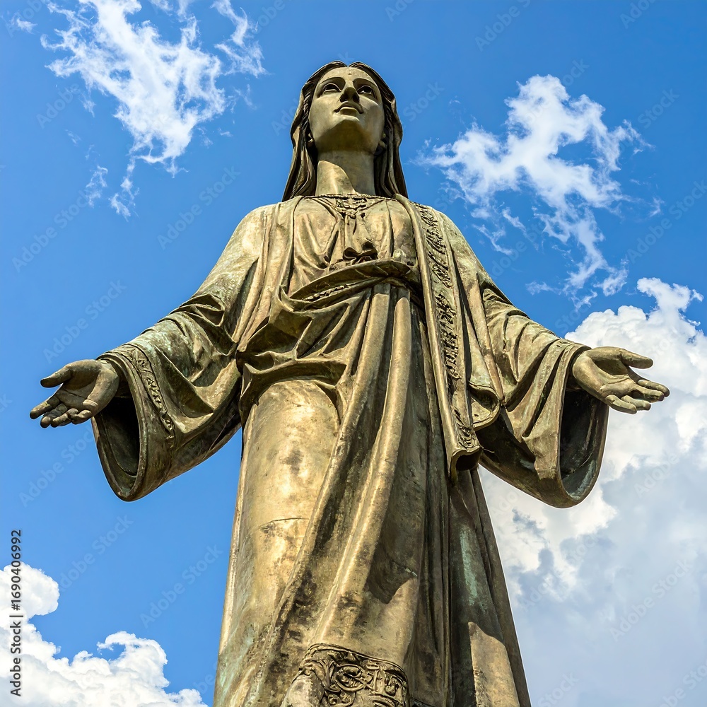 Fototapeta premium Statue of Mary, outstretched arms, against a vibrant sky