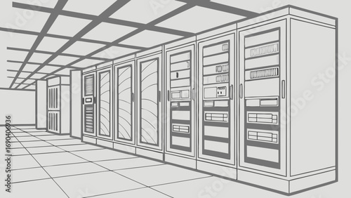 Server Room Interior Data Center Technology IT Infrastructure Network Equipment Rack Cabinets Computer Hardware Data Storage Digital Technology Sketch Illustration Gray Scale Technical Drawing Abstra.