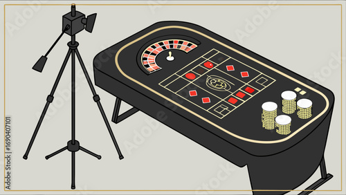 Roulette Table with Camera Setup Casino Game Illustration Gambling Design Gaming Equipment Flat Lay.