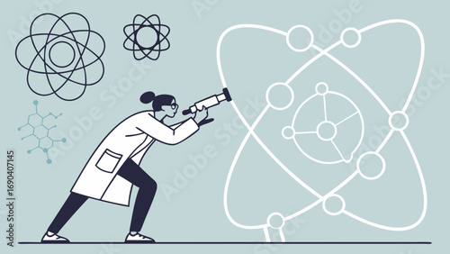 Scientist observing atomic structure through a telescope scientific research atom model molecule science concept illustration.