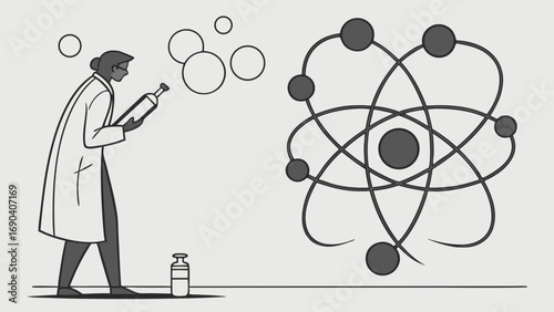 Scientist examining a vial with an atom model in the background.