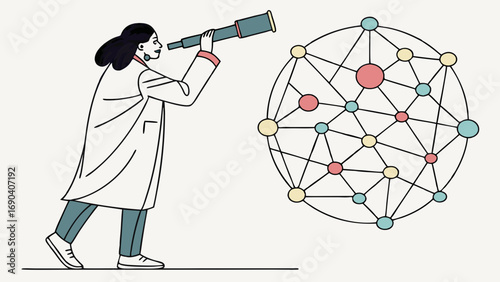 Scientist observing network connections through a telescope.