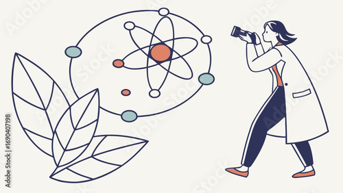 Scientist photographing atomic model science illustration research concept lab illustration vector graphic scientific discovery atom structure technology background educational illustration physics c.