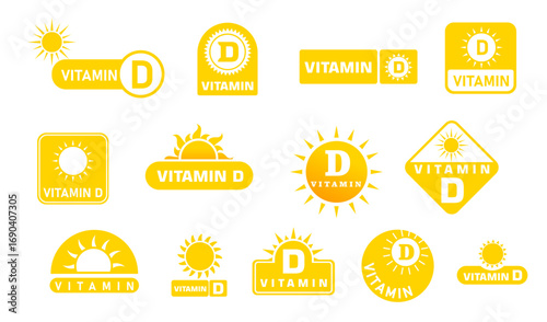Set of icons with yellow symbol vitamin D. Icon vector set. Yellow, gold capsule diet supplement with sun symbol illustration. Vector sun and vitamin D.