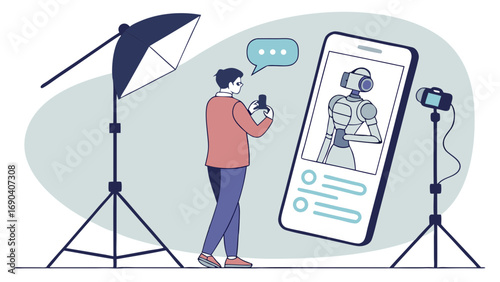 Studio Photography of Robotic Figure on Smartphone Screen Person Taking Photo with Mobile Device.