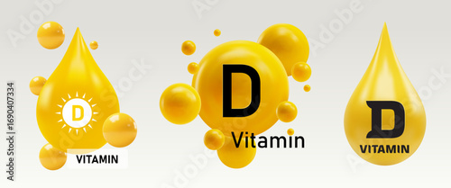 Set of Vitamin D capsule with glowing golden drops. Shiny medical supplement pill icons for health care, pharmacy, nutrition, wellness and medicine advertising. Vector illustration isolated on white.
