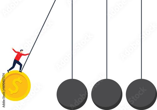 Hand holding a swinging ball to hit a stationary ball

