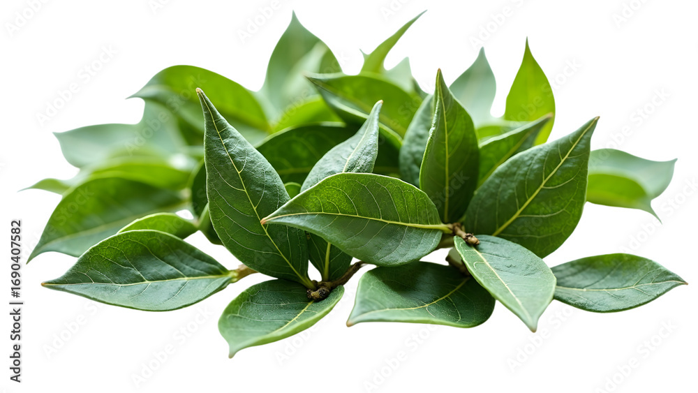 Fototapeta premium A cluster of fresh, glossy green bay leaves, isolated on a transparent background, ready for culinary use
