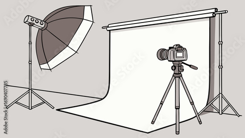 Studio Photography Setup DSLR Camera on Tripod with Lighting and Backdrop.