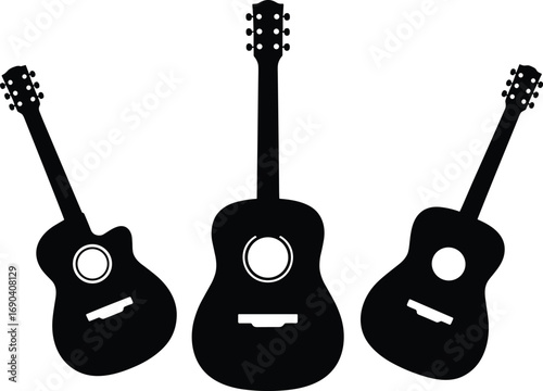 Black acoustic guitar silhouettes, musical instrument shapes, artistic composition, sound hole detail, tuning pegs, music design, guitar trio, creative layout