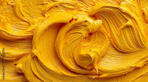 Abstract textured thick paint swirls, vibrant yellow, forming a creative artistic background