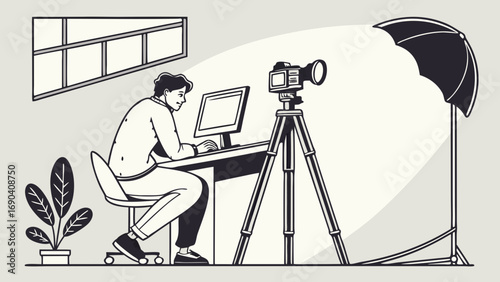 Studio Setup Person Working on Computer with Camera and Lighting Video Production Content Creator Online Streaming Home Office Desk Setup Professional Filmmaking Graphic Design Illustration Black and.