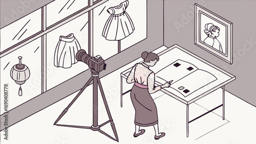 Studio Photography Fashion Design Camera Woman working Illustration Flat Lay Isometric Artwork Design Project Creative Process.