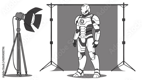 Studio photoshoot of a robotic figure futuristic armor science fiction illustration character design digital art graphic design robot cyborg mecha technology illustration artwork background backdrop .