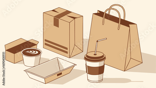 Takeout Food Packaging Coffee Cup Paper Bags Boxes Mockup Design for Branding Restaurant Illustration.
