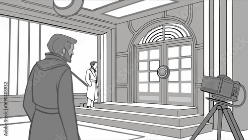 Stylish grayscale illustration of two men in coats standing near large double doors in a grand entryway with a vintage film camera on a tripod.