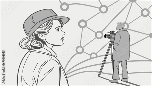Stylish woman being interviewed by cameraman monochrome vector illustration modern media network connection concept.