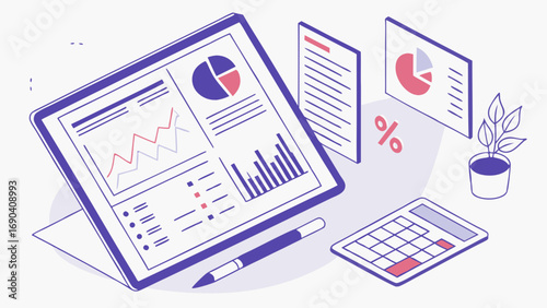 Tablet Screen Displaying Business Charts and Graphs Financial Data Analysis Report Calculator Plant.