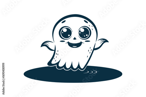 Whimsical black and white ghost joyfully waves its arms while smiling cheerfully upward