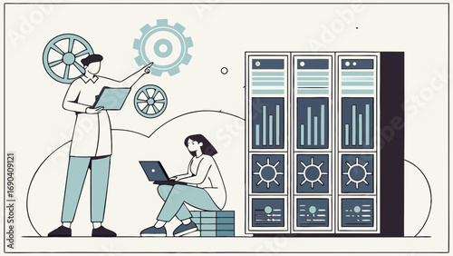 Team of professionals working on a data center project analyzing data and system performance.