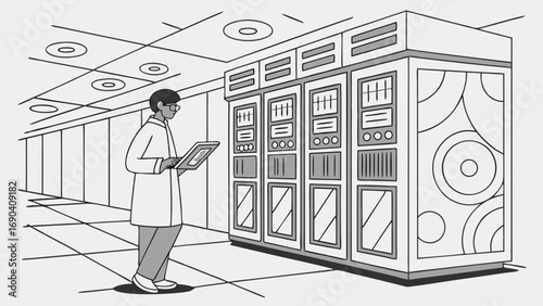 Technician Inspecting Server Racks in a Data Center Illustration Vector Graphic Technology IT Science Computing.