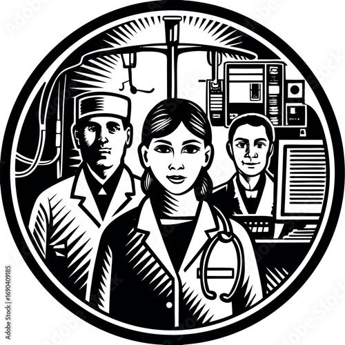 Medical professionals in a circular emblem with equipment doctors nurses