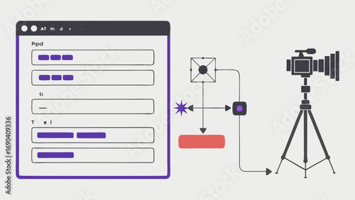 Video Production Workflow Diagram Camera Setup Lighting and Software Interface Illustration.